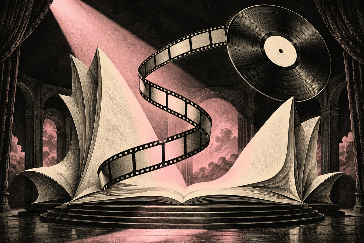 An open book, filmstrip and vinyl record share a sculptural stage, drawn in black ink and pink.