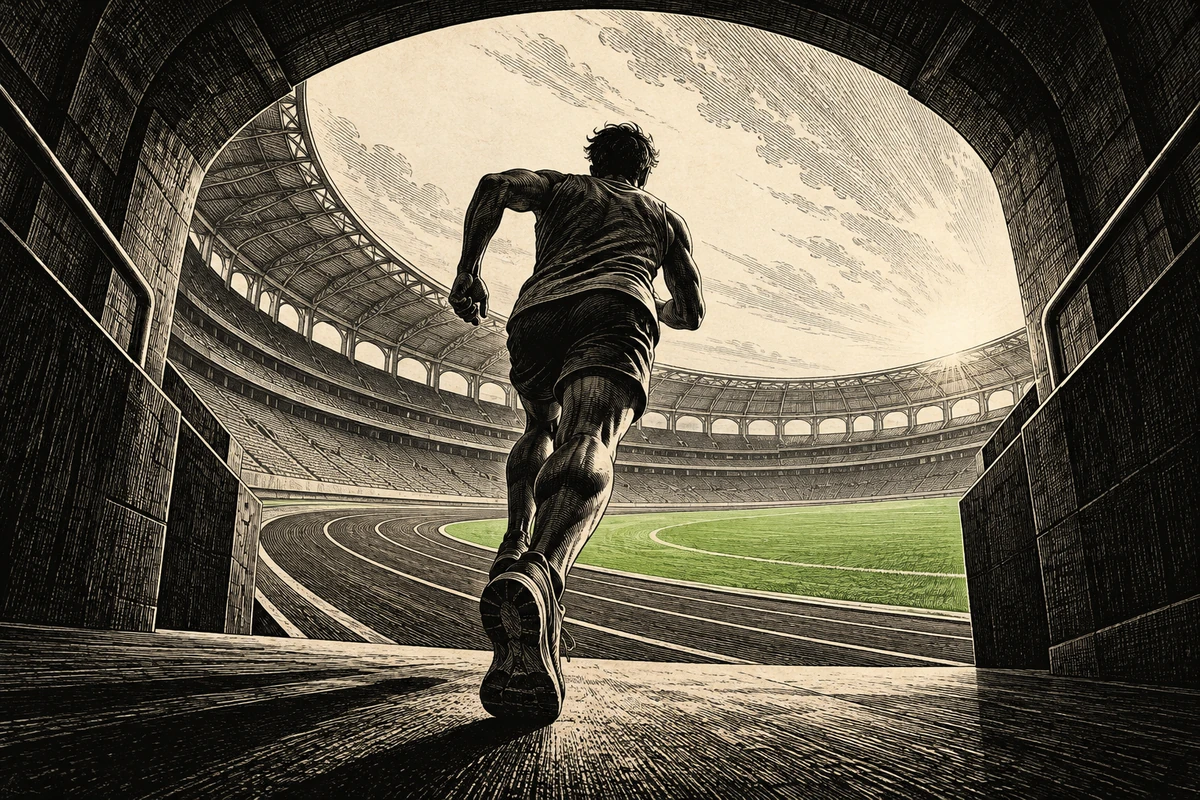 A runner emerges from a dark tunnel onto a stadium track beside a green field, drawn in black ink.